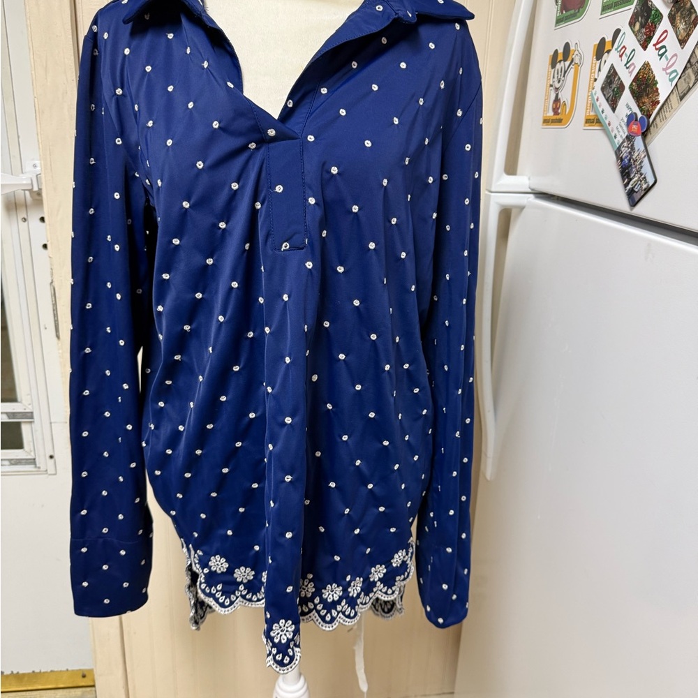 Jude Connally Women’s Hadley Tunic Top Embroidered Dots Scalloped Hem Navy med